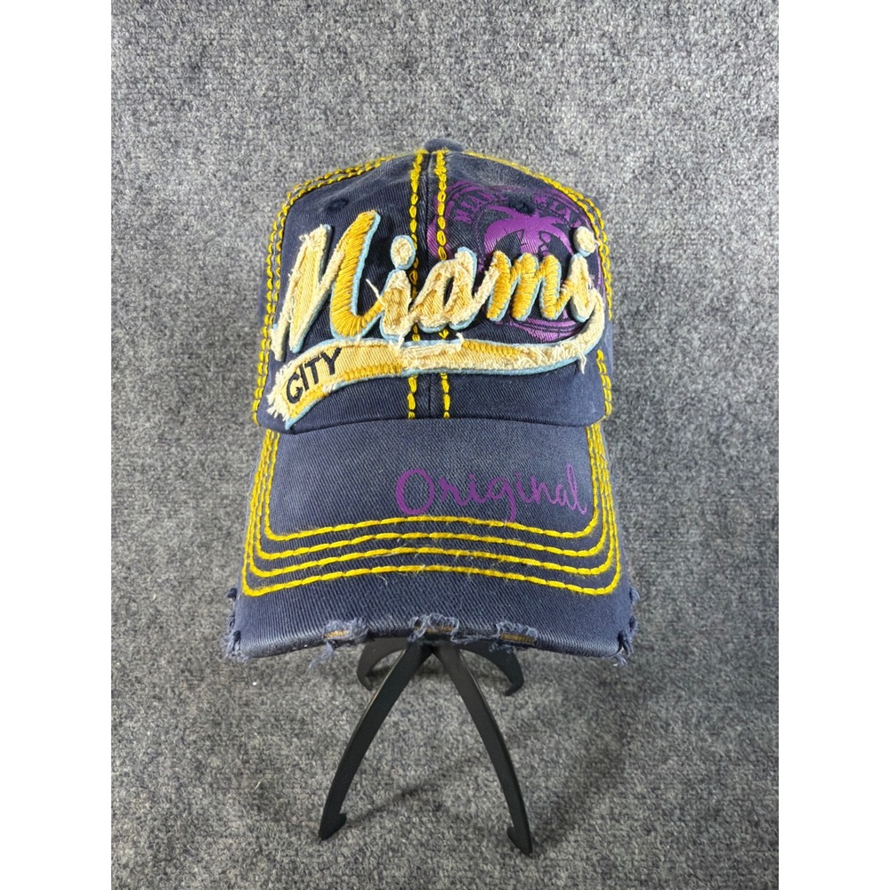 Robin Ruth Miami City Distressed Baseball Cap Navy Blue Yellow Stitching Hat